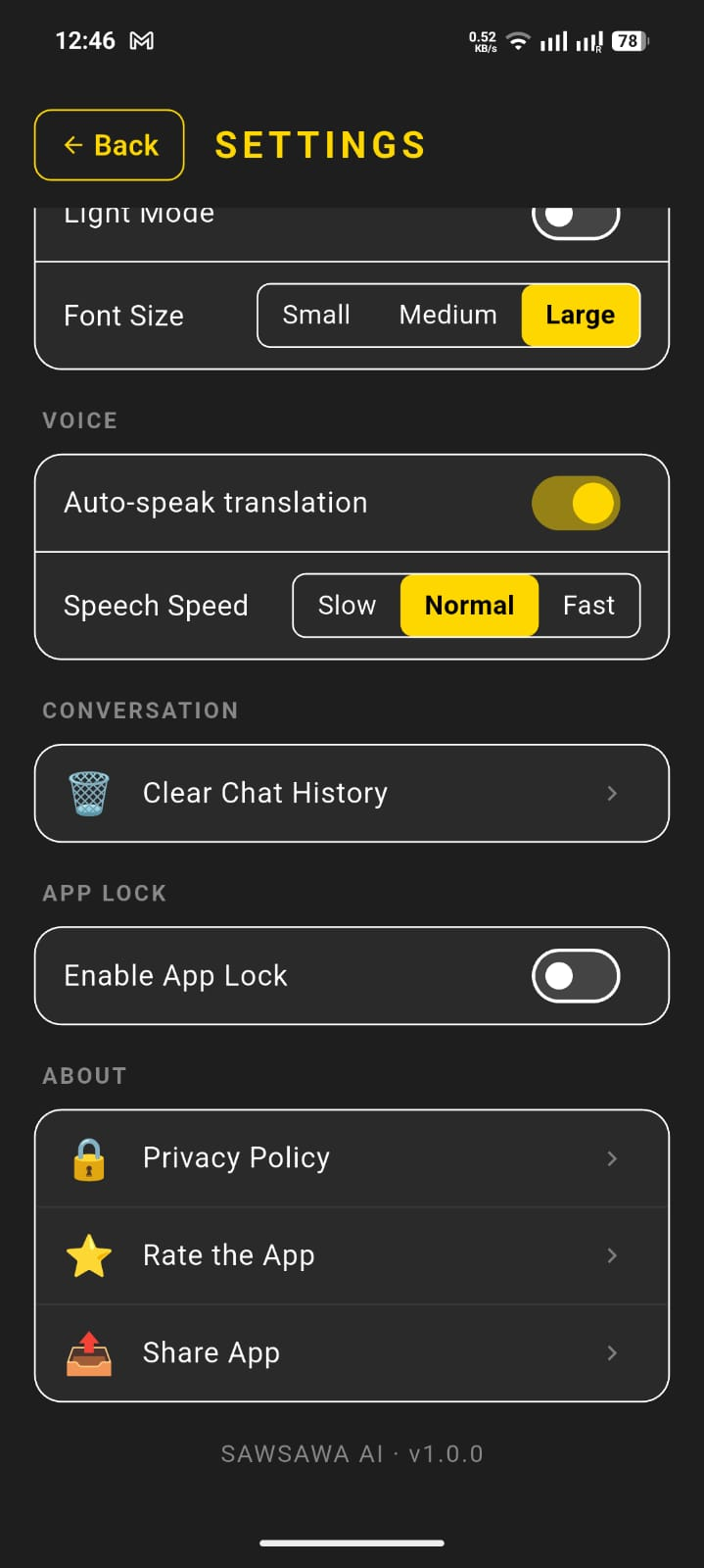 Settings screen